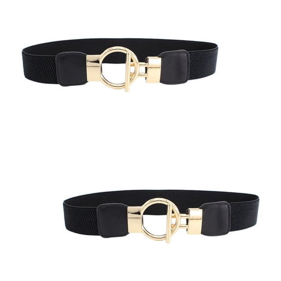 WORGEOUS 2 pcs  Women Wide Elastic Waist Belt Cinch Belt Stretch Waistband Golden Round Pin Buckle Belt (Black)