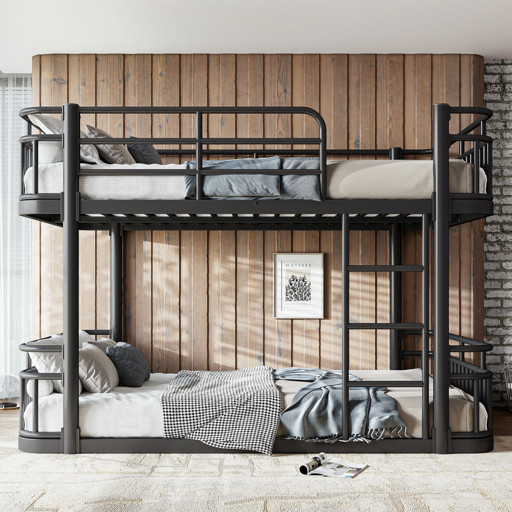 Leumius Full over Full Bunk Bed Frame with Ladders & Guardrails, Upgraded Round-Pipe Metal Frame, Stylish & Versatile for Any Room,Black