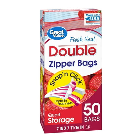 Great Value Fresh Seal Quart Storage Double Zipper Bags, 50 count