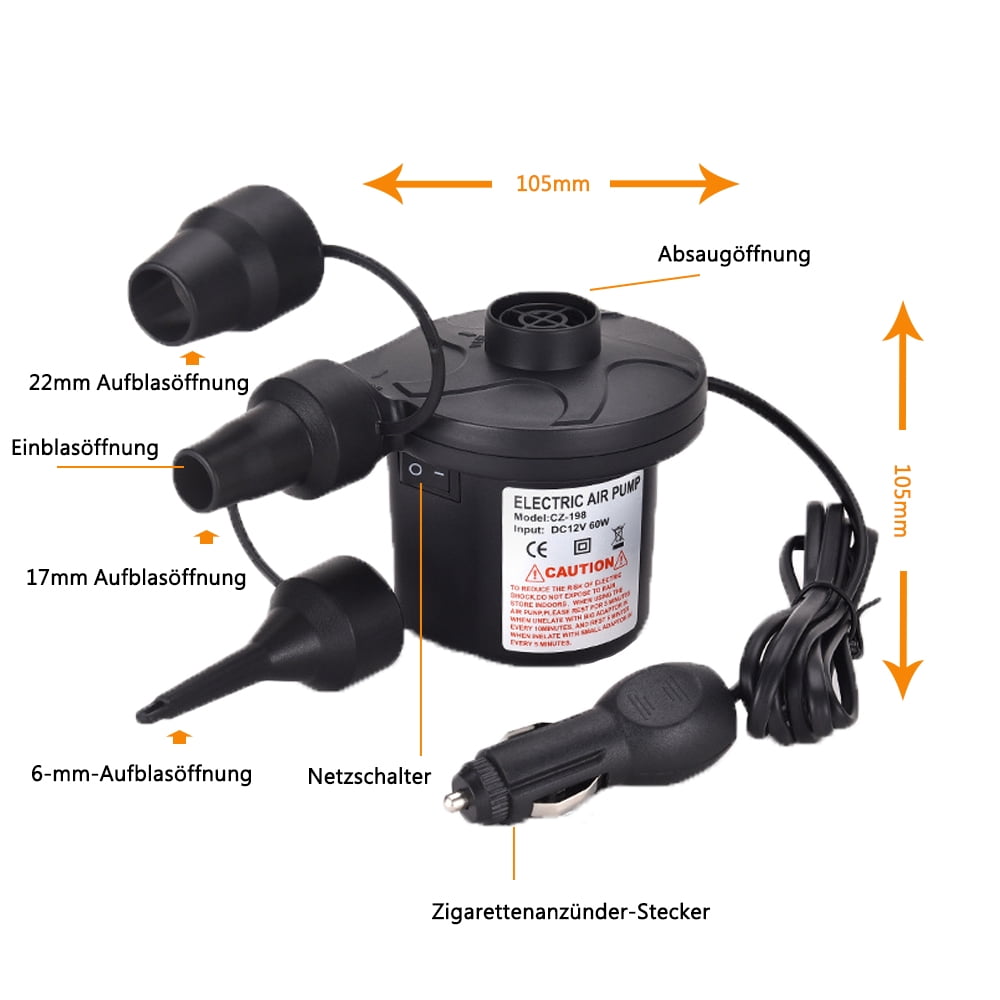 Electric air pump, electric pump compressor for air mattresses, inflatable boats, guest beds, inflatable swimming animals or camping