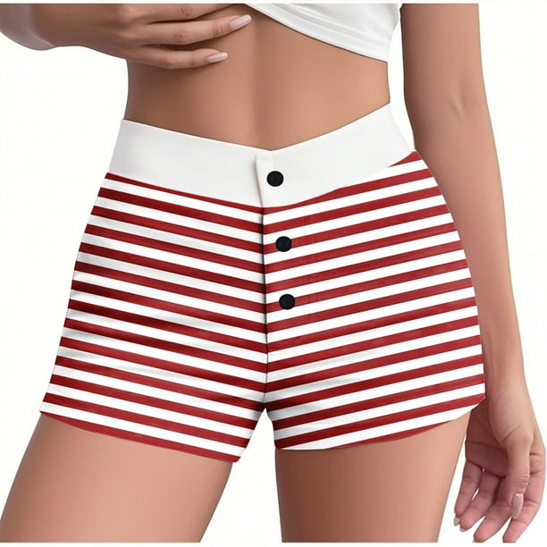 Pantalones cortos de pijama ajustados de cintura alta con botones y cintura elástica a rayas de verano para mujer, pantalones de poliéster para mujer