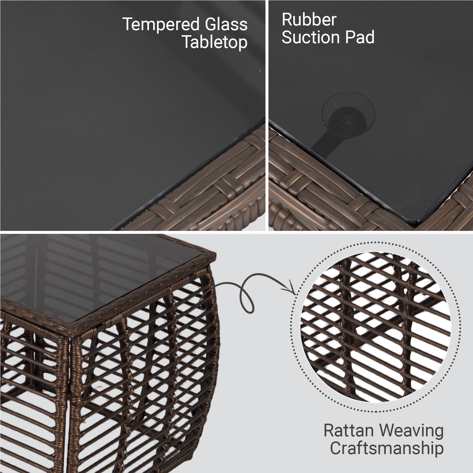 Kinbor Square Outdoor Wicker Side Table – Patio End Table with Tempered Glass Top, All-Weather Rattan Coffee Table for Balcony, Porch, Deck, Garden, Black Gold