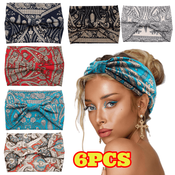 6pcs Wide Headbands for Women, Knotted Non Slip Fashion Paisley Printed Head Bands, Boho Bandana Hairbands Yoga Running Workout Hair Accessories