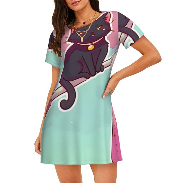 Disketp Cats On Broomstick para Camisón Corto de Manga Corta para Mujeres, Camisón Cómodo con Escote Redondo, Bonito y Confortable