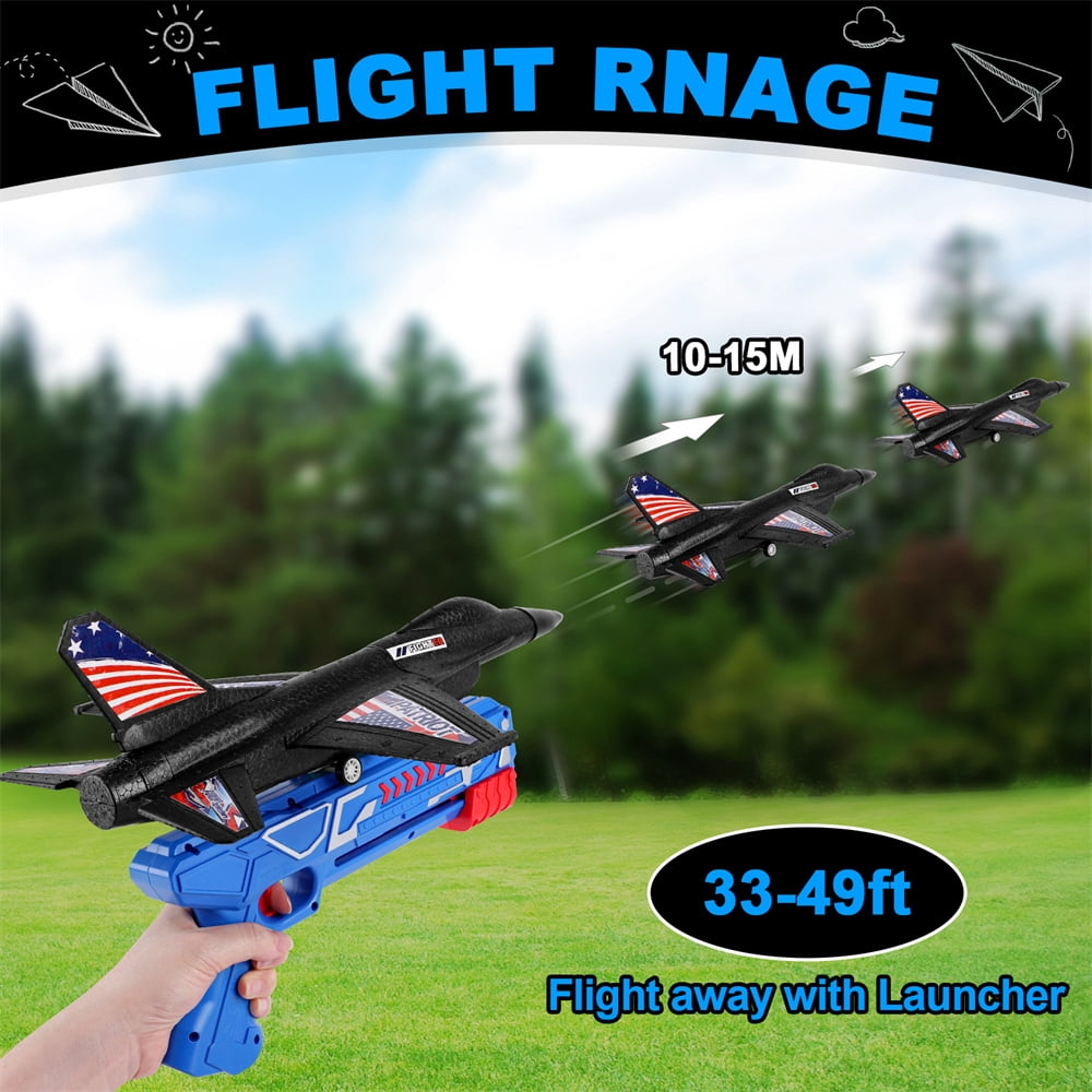 Growsly 2 Pack Catapult Airplane Foam Warplane Glider Toys with Launcher Xmas Gifts for 4-12 Years Old Kids, Black and White