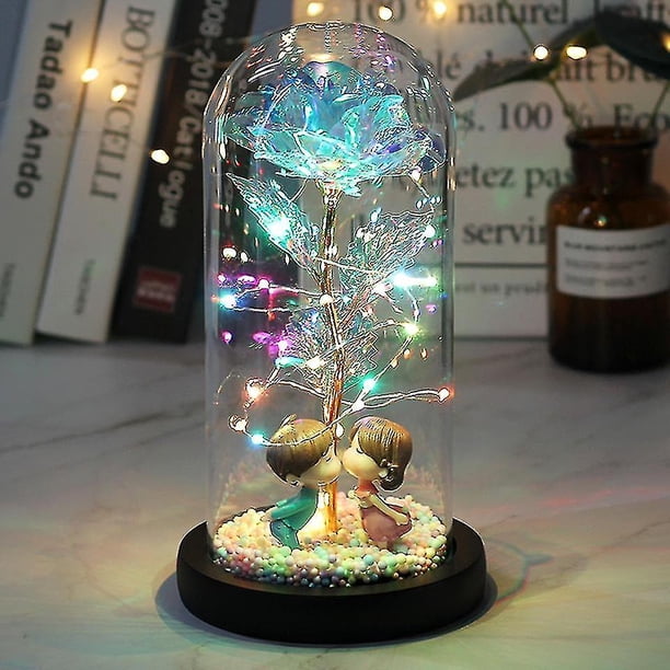 Led encantado Galaxy Rose eterna flor de lámina de oro de 24k con luces de cadena de hadas en cúpula para regalo de Navidad y San Valentín