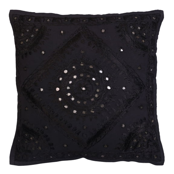 Stylo Culture Ethnic Decorative Throw Pillow Cover 16x16 Hand Embroidered Black Boho 40x40 cm Living Room Toss Pillow Case Cotton Mirrored Square Cushion Cover | 1 Pc
