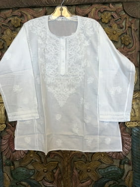 Mogul Women Bohemian Pure Cotton Hand Embroidered White Tunic Blouse Ethnic Style Summer Fashion Kurti Dress M