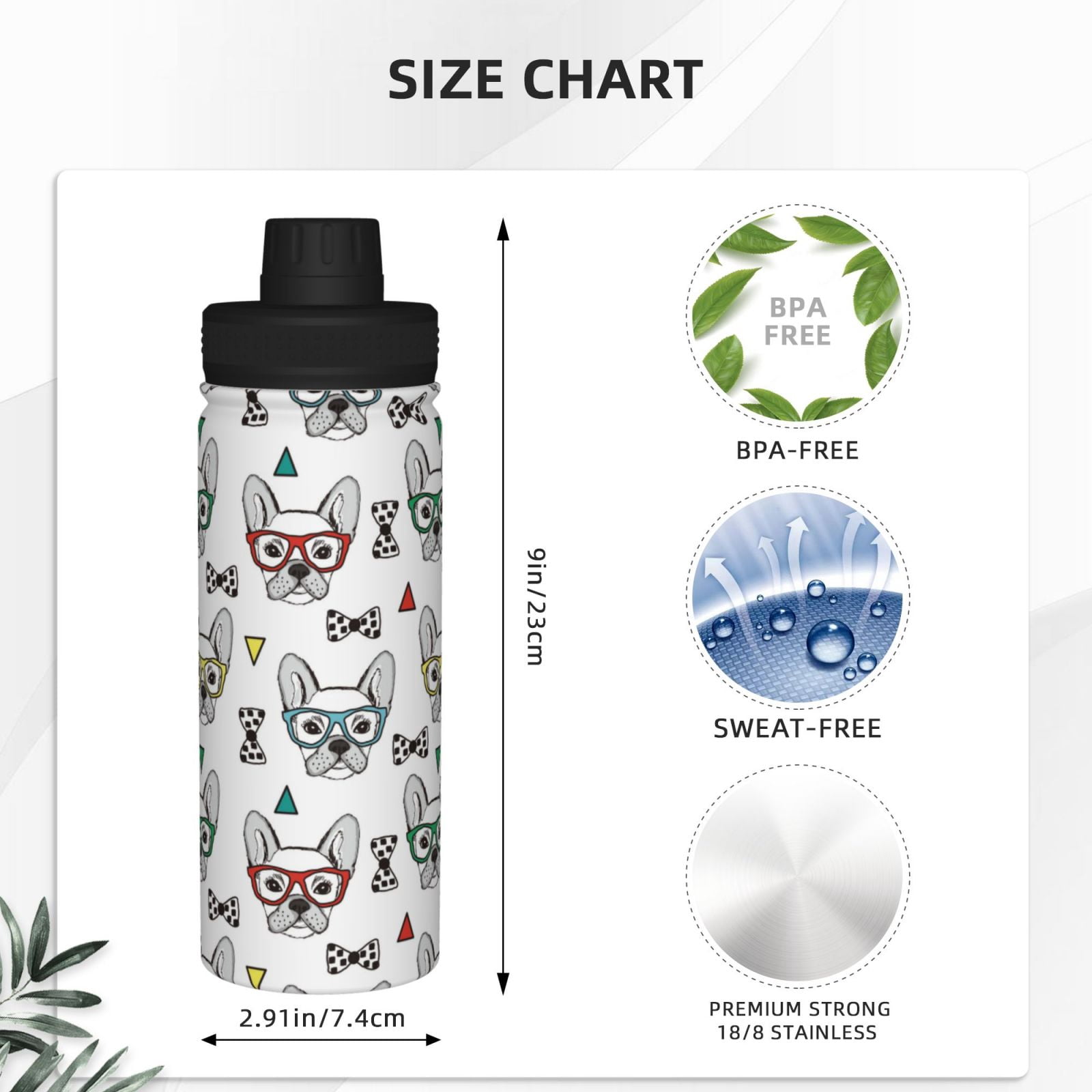 Fuzoiu Cute French Bulldog Print 18oz Sports Insulated Kettle,Stainless Steel Vacuum Water Bottle, Leakproof Sport Flask