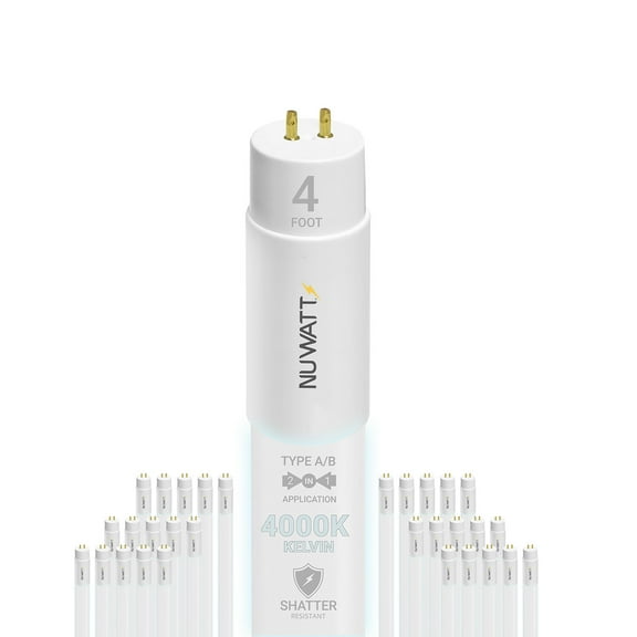 NuWatt 4FT T8 LED Tube Lights A&B Hybrid 4000K Cool White 18W Plug & Play or Ballast Bypass,G13 30PK