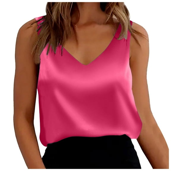 Akiihool Womens Silk Satin Tank Tops V Neck Casual Cami Sleeveless Camisole Blouses Summer Basic Tank Shirt (Hot Pink,L)