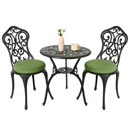 Nuu Garden Patio 3-Piece Bistro Set with Cushions, Patio Chairs and Outdoor Round Table with Umbrella Hole, Cast Aluminum Patio Set for Lawn, Garden, Porch, Poolside, Black