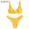 thumbnail image 2 of ZAFUL for Women High Cut V-wired Ribbed Bikini Swimsuit Bright Yellow L, 2 of 7