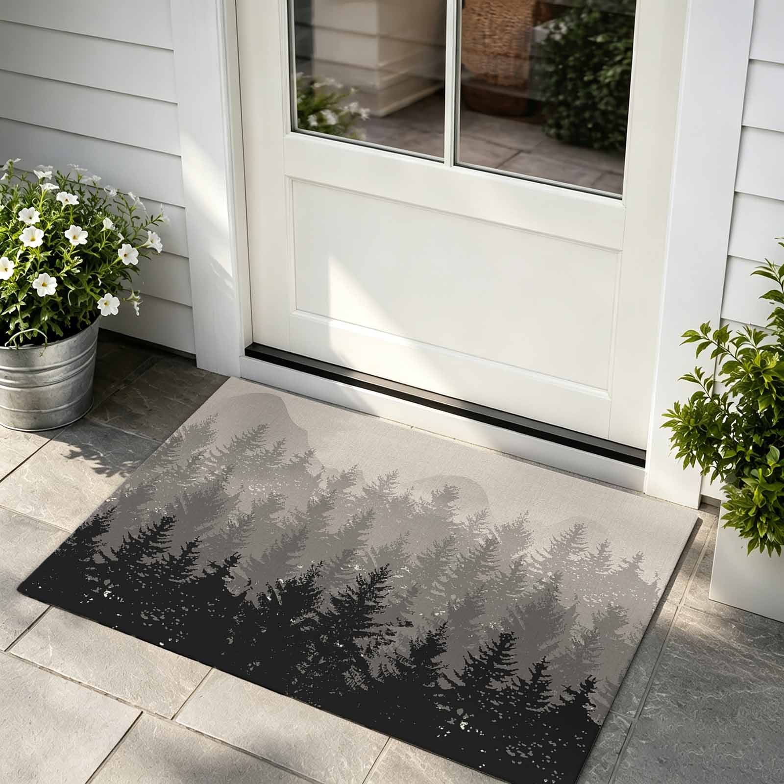 Front Door Mat Indoor Outdoor Entrance Grey Ombre Low Profile Doormats Non-Slip Backing Fall Forest Black Abstract Art Harvest Burlap Absorbent Welcome Mat for Entryway Hallway 16 x24