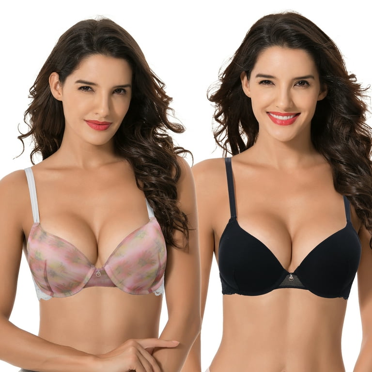 Curve Muse Women's Plus Size Perfect Shape Add 1 Cup Push Up Underwire  Bras-2PK-Cream/Hot Pink,Black-34C