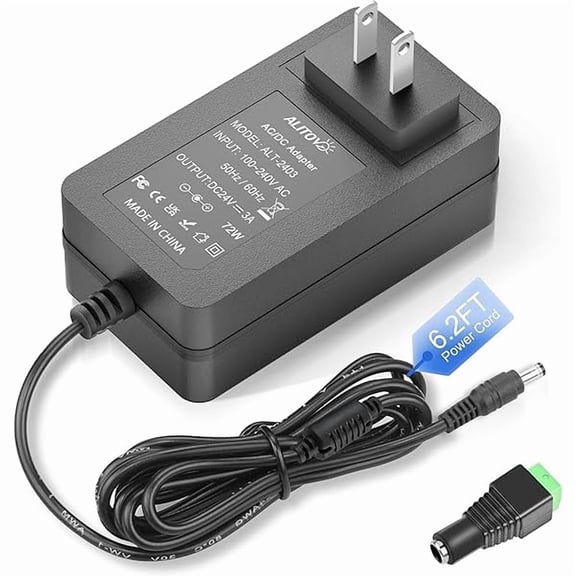 can 24V 3A Power Supply 72W AC Adapter Power Cord 100-240V 50-60Hz to DC 24 Volt 3 Amp Transformer 2A 1A Converter 5.5x2.5/2.1mm DC Barrel for LED Strip Module Light, CCTV Camera System, 6.2FT