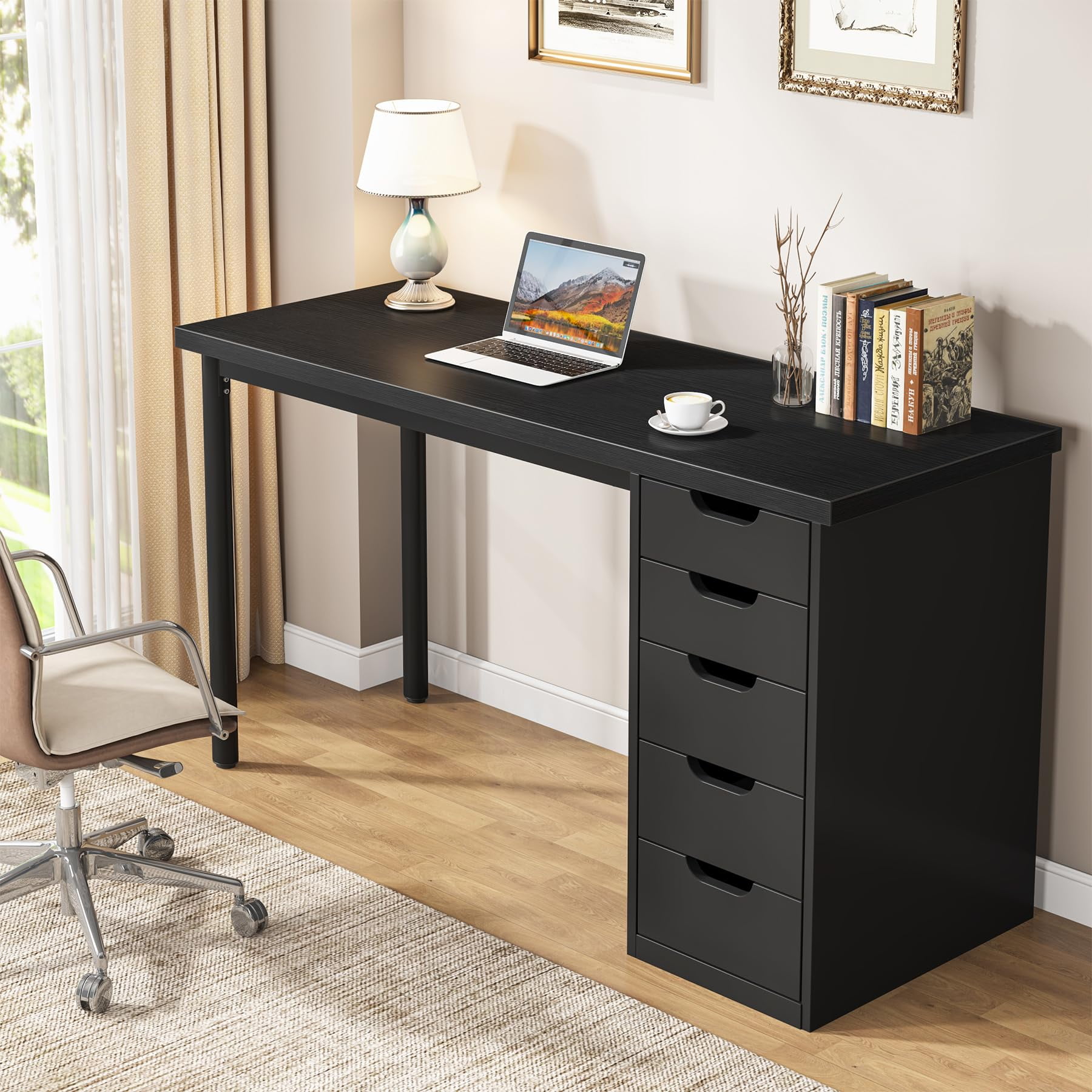 Tribesigns Computer Desk with 5 Drawers, 47 inches Rustic Brown Home Office Desk with Storage, Modern Study Writing Table Workstation for Small Spaces, Black