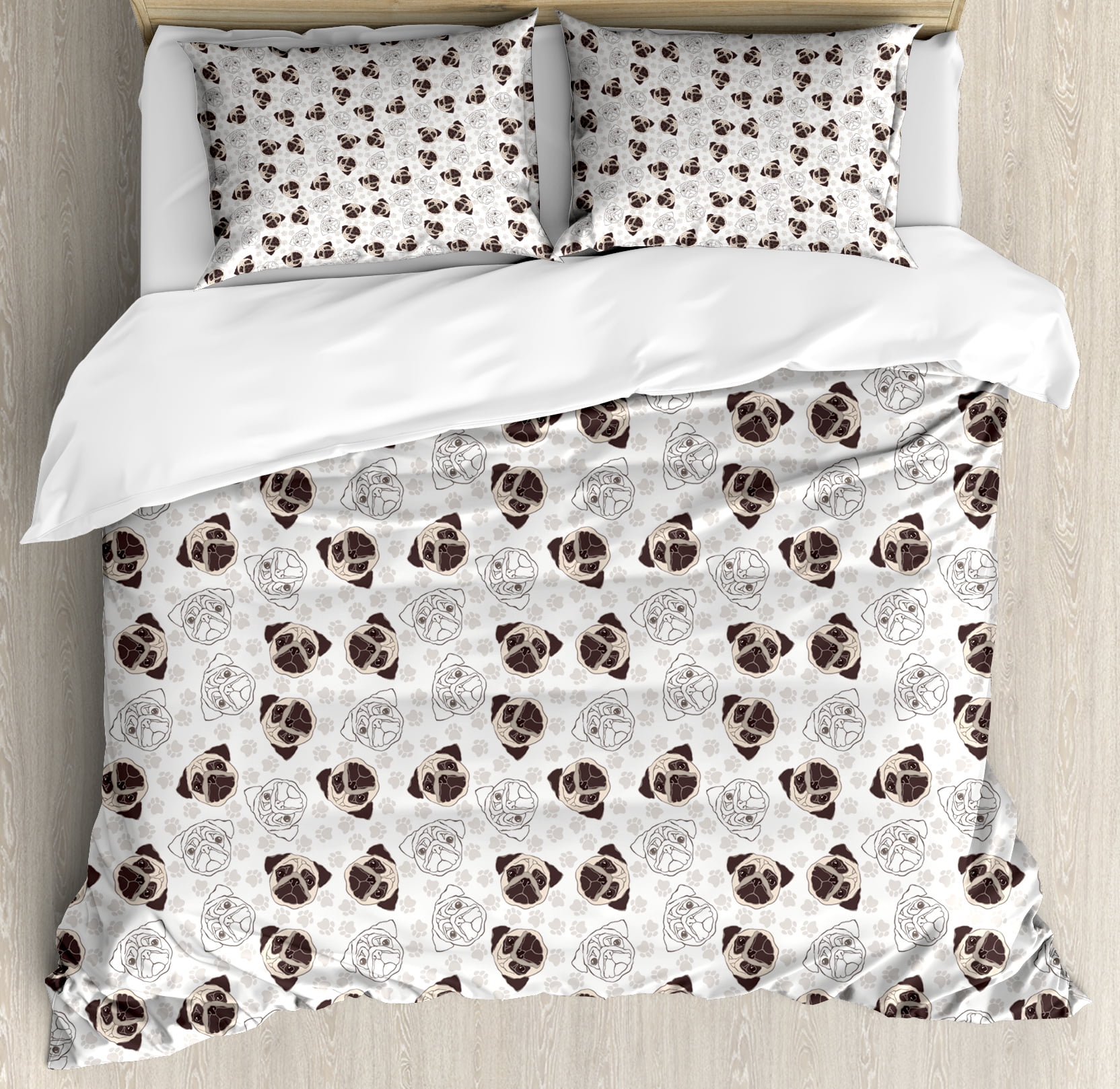 Dog Duvet Cover Set, Pug Portraits Traces Paw Print Background Canine ...