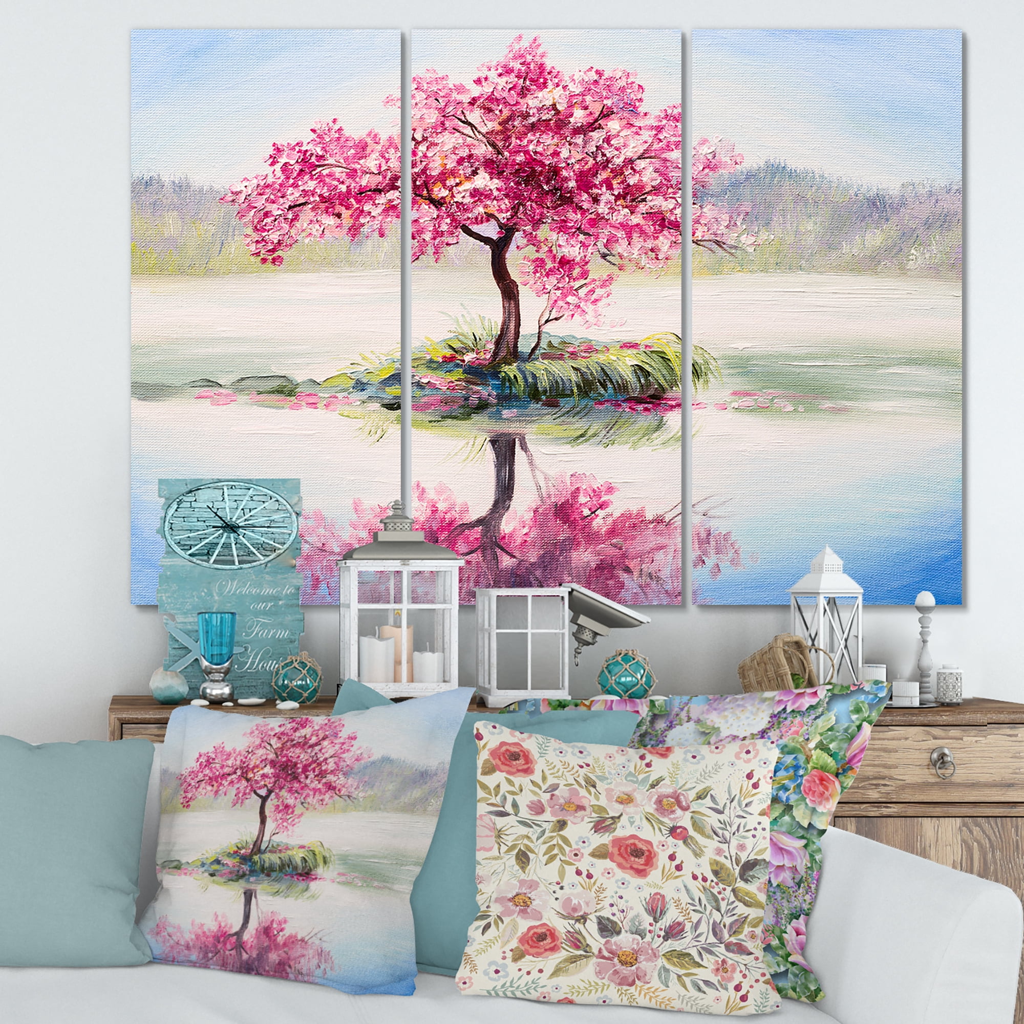 Designart ' Oriental Cherry Pink Tree Sakura On The Lake ' Lake House Canvas Wall Art Print
