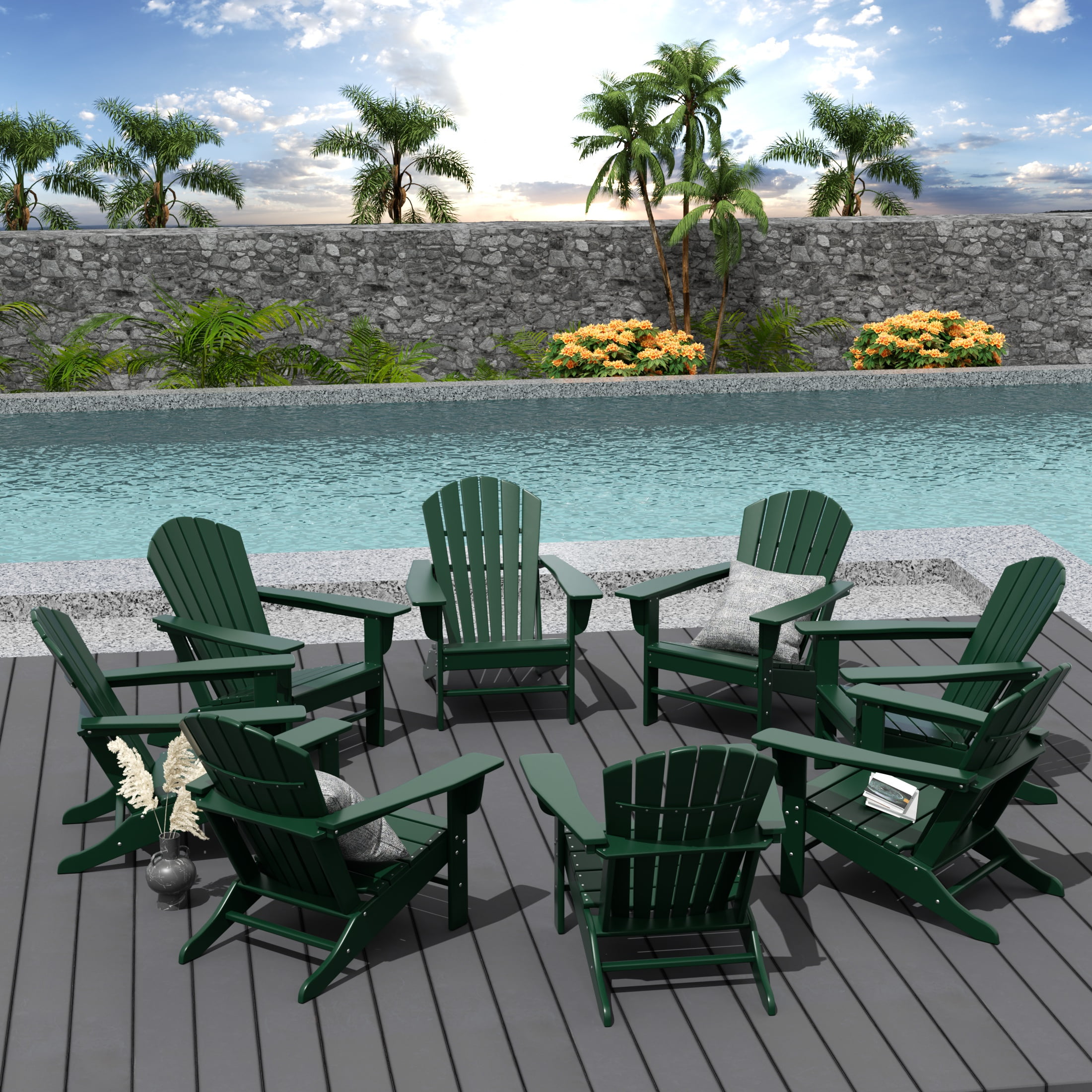 WestinTrends Dylan Plastic Adirondack Chairs Set of 8, All Weather Poly Lumber Outdoor Patio Chairs, Seashell Slat Curved Back Garden Lawn Deck Chairs, Dark Green