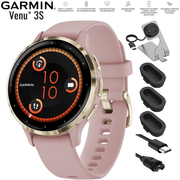 Garmin 010-02785-03 Venu 3S Health Fitness GPS Smartwatch Gold Steel Bezel with Dust Rose Case 41mm Bundle with Charging Dock, Silicone Dust Cover 3 Pack and USB Type C Charging and Sync Cable