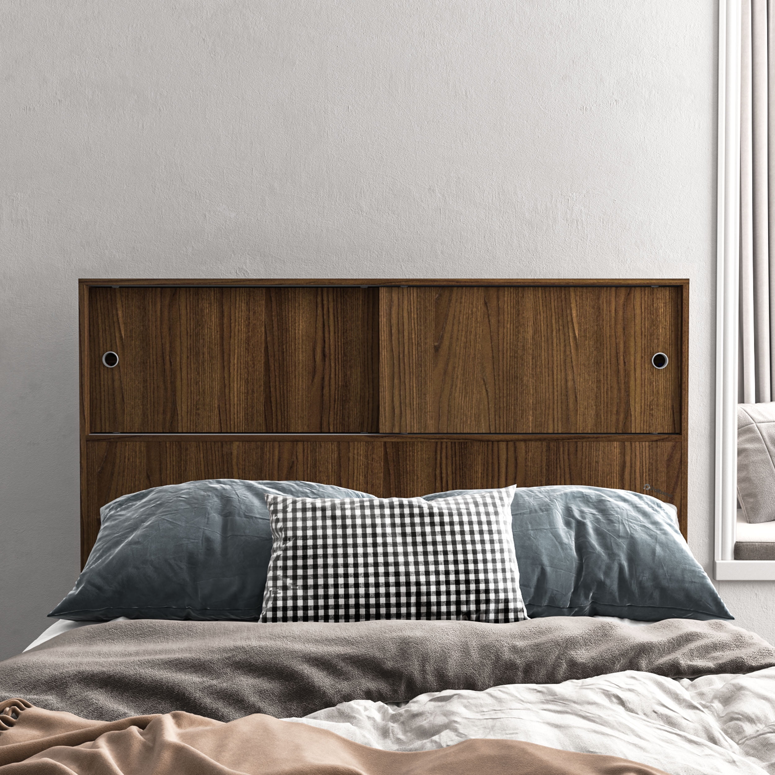 Polifurniture Victoria Full Size Wood Storage Headboard, Walnut