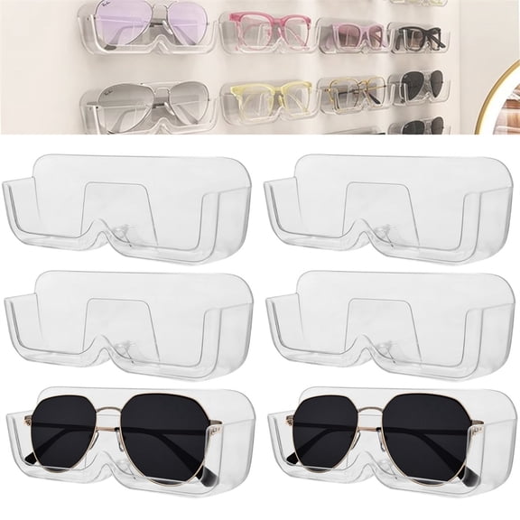 HYG Clear Sunglasses Wall Organizer 6 Pcs Clear Plastic Eyeglasses Holder Wall Mounted Glasses Display Stand No Drilling Space Saving for Office Dorm Home