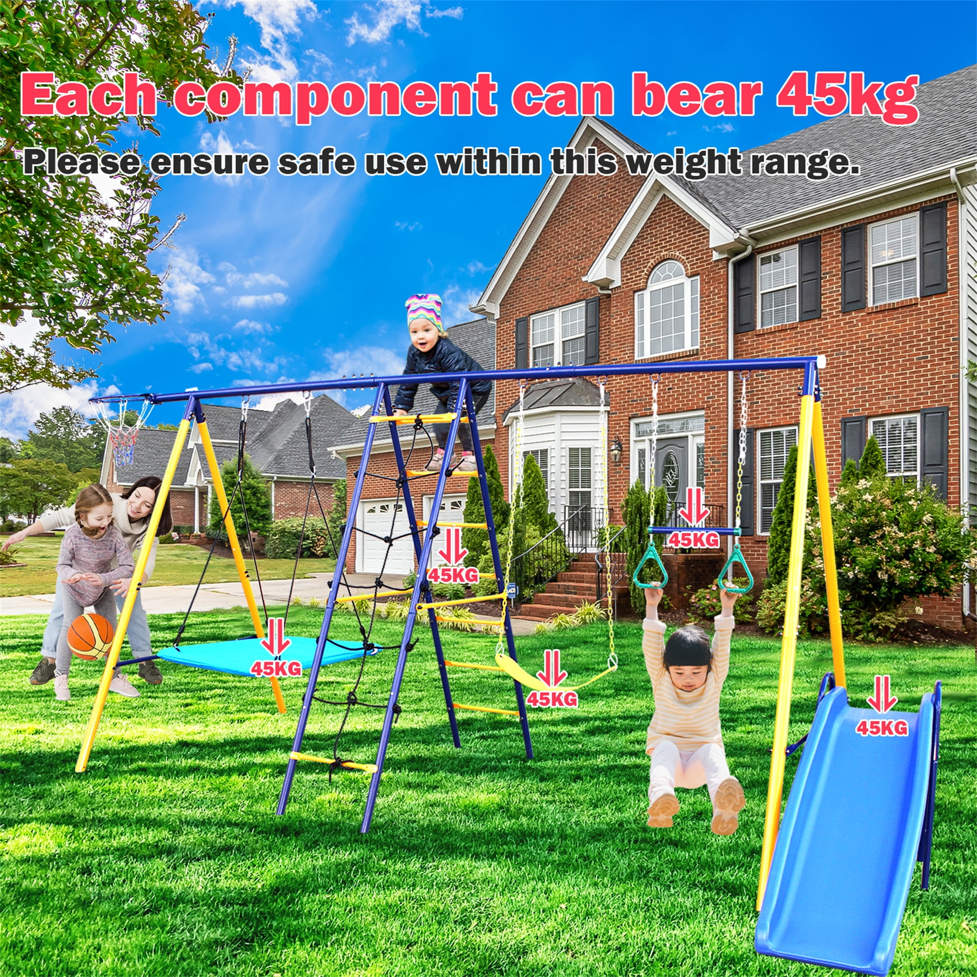 Aukfa 7 in 1 Kids Swing Set, Outdoor Heavy-Duty Metal Playset for Backyard with Slide, Climbing Net, Blue