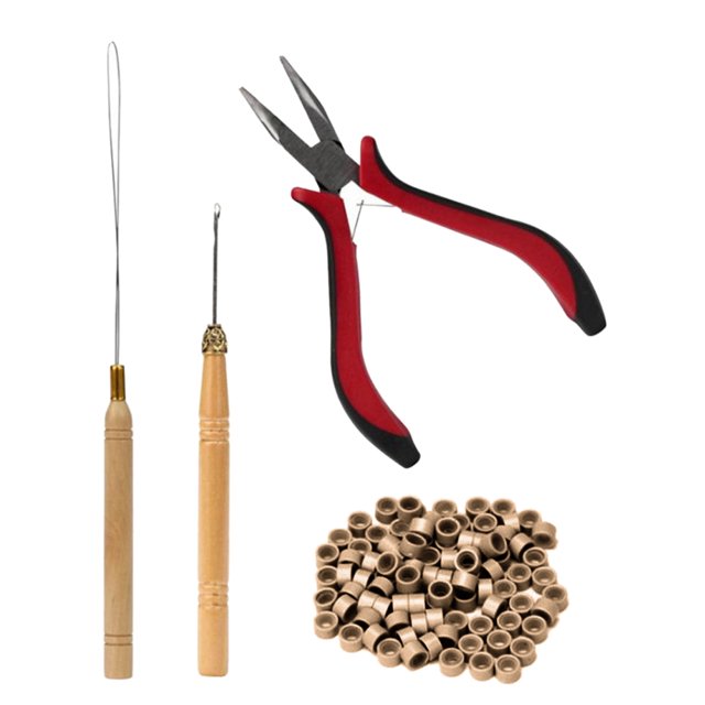 Yajisi Kit de Herramientas para Extensiones de Cabello con Alicates Curvos y Anillos Marrón Claro