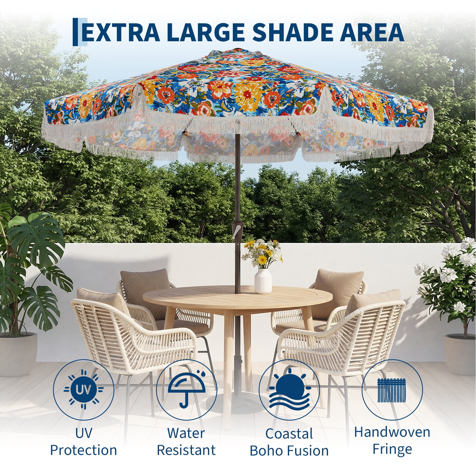 Memoryfield 9FT Fringe Patio Umbrella, UV50+ Sun Protection Outdoor Tassels Beach Umbrella for Garden Pool Backyard, Flower