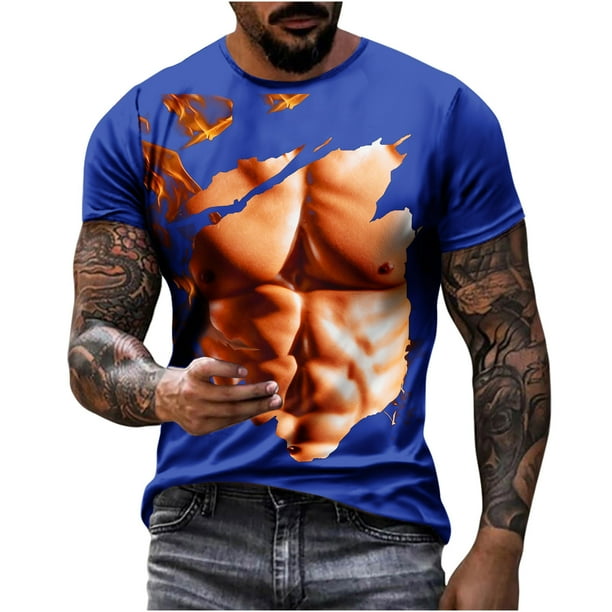 Camisetas de Manga Larga de los Hombres Casual Muscle Print Graphic Tee, Camiseta de Cuello de Tripulación de Manga Corta para las Vacaciones Diarias