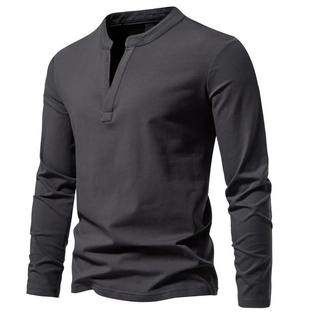Blusas y camisas de manga larga con cuello en V para hombre, estilo casual, de color liso, de poliéster y algodón.
