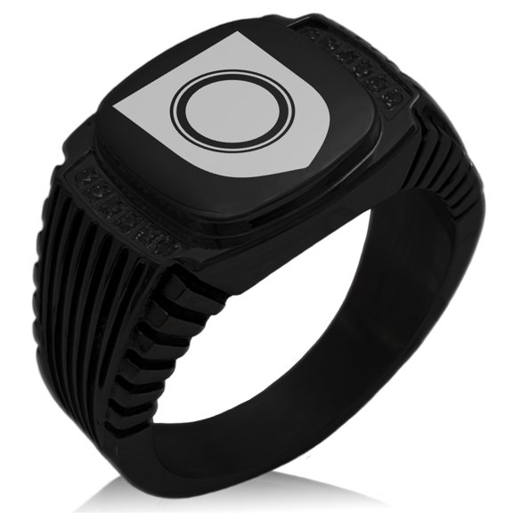 Stainless Steel Annulet Fidelity Coat of Arms Shield CZ Ribbed Needle Stripe Pattern Biker Style Polished Ring