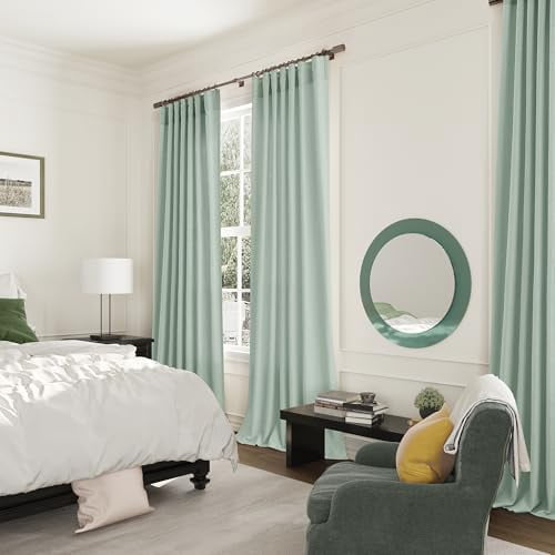 Aqua Green Linen Semi Sheer Curtains 108 Inches Length Light Filtering Neutral Farmhouse Boho Rod Pocket Back Tab Hook Belt Clip Rings Window Drapes for Bedroom Living Room 2 Panels 52x108