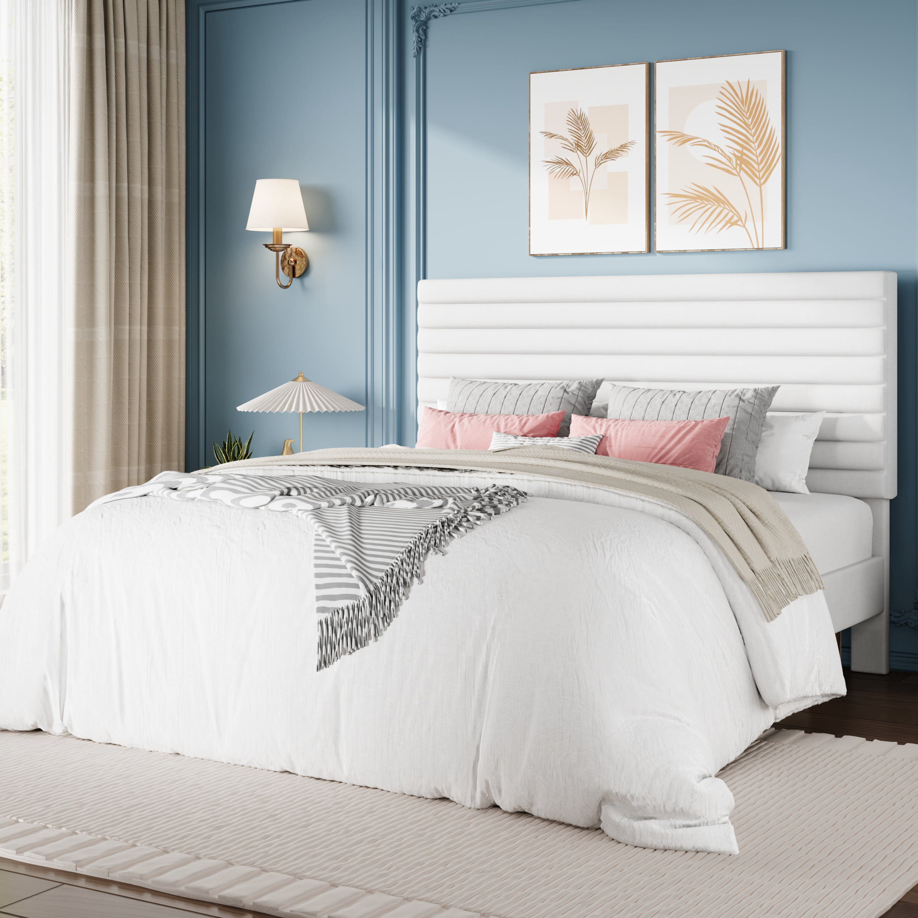 Sha Cerlin Queen Size Platform Bed Frame with Velvet Adjustable Headboard, No Box Spring Needed, White
