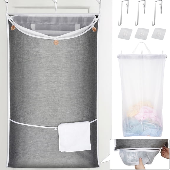NiHome XXL Hanging Laundry Hamper Bag 39.4"x22.4" with Removable Delicates Bag, 2-in-1 Door Hamper with Dual Hooks, Wide Opening Laundry Bag for Dorm Bedroom Bathroom(Use Together or Separately)