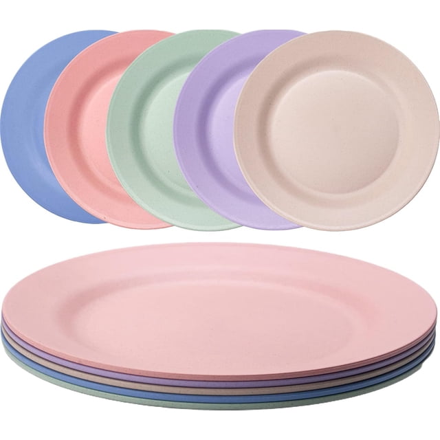 juego de 5 platos de plástico reutilizables, aptos para lavavajillas y microondas, no tóxicos, sin bpa, platos irrompibles para viajes, picnic, camping o uso diario, 25 cm conjunto apilado y vista frontal con cinco platos redondos de 25 cm en tonos pastel (rosa predominante, verde, lila, azul y beige) con borde ancho y apariencia mate; suelen usarse también para comidas al aire libre y viajes.