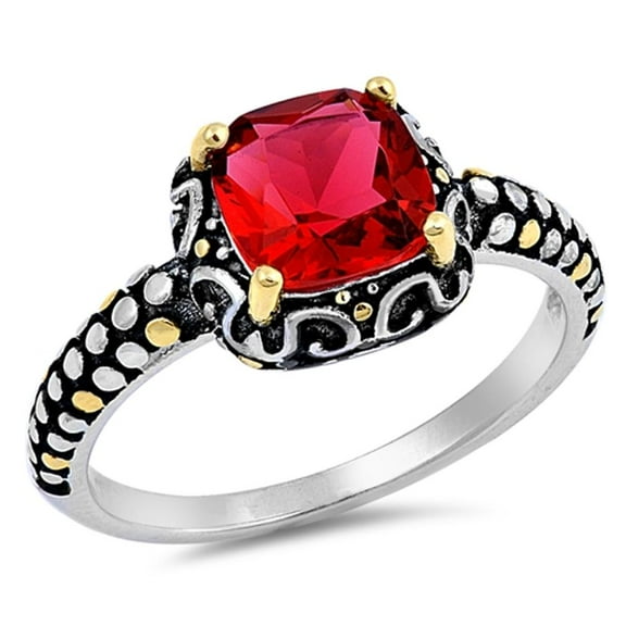 Sterling Silver Women's Gold-Tone Simulated Ruby Ring Band Red CZ 925 Jewelry Female Size 6