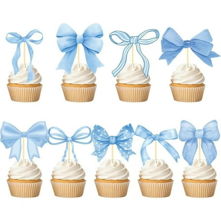 Blue Bow Cupcake Toppers Themed for Birthday Parties, Weddings 36 Pcs