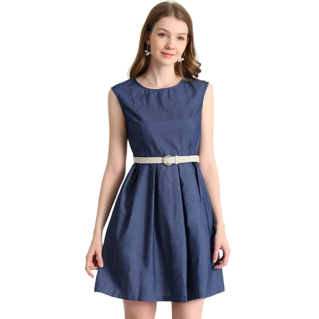 Vestido de Mezclilla Allegra K Sin Mangas con Cinturón Azul XL para Mujer