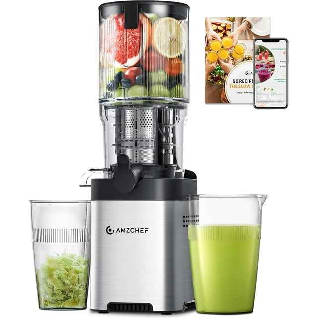 AMZCHEF Cold Press Juicer, Juicer Machines - 5.4" Large Feed Chute for Whole Fruits & Vegetables, Stainless Steel Slow Masticating Juicer Easy to Clean, Large Auger, Triple Strainers, Silver
