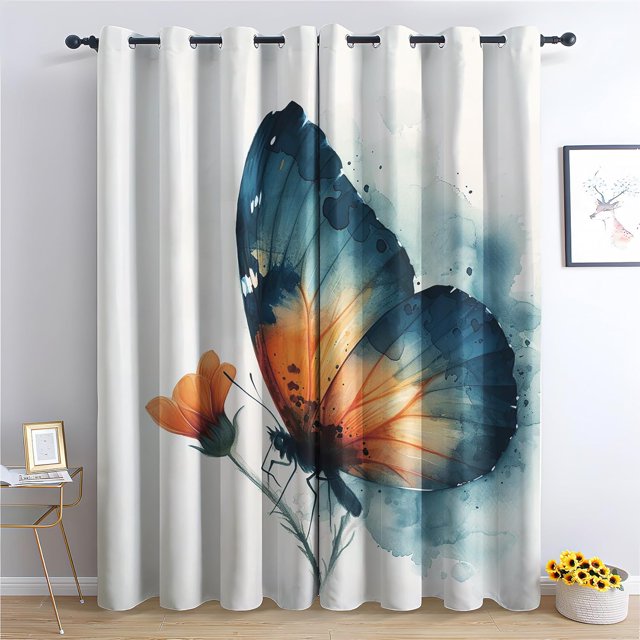 Flower Butterfly Curtains for Bedroom - Floral Insect Blackout Curtains for Living Room - Decorative Patterned Grommet Drapes - Window Treatments & Home Decor - 54 Inch Curtains 2 Panel Set - K&W85