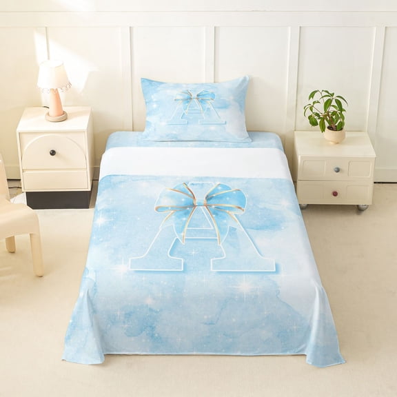 Manfei Blue Bownot Twin Sheets,Girls Personalized Letter A Bedding,3-Piece