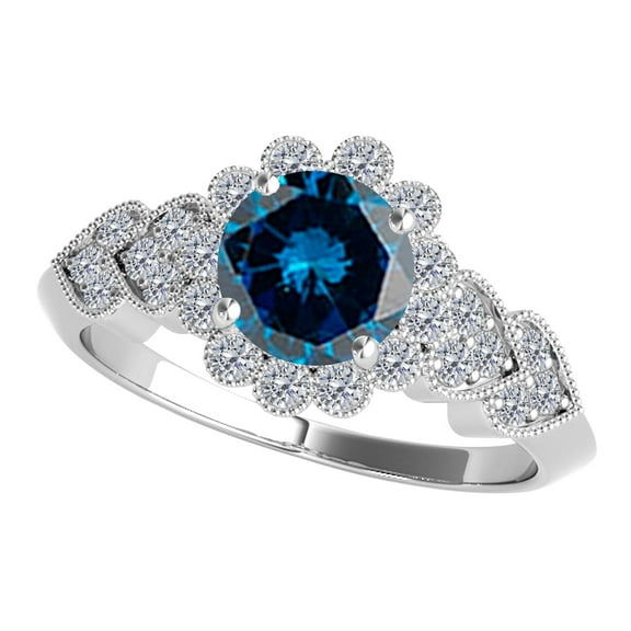 Mauli Jewels Engagement Rings for Women 1.15 Carat Halo Blue Diamond Engagement Ring 4 prong 14K Solid White Gold