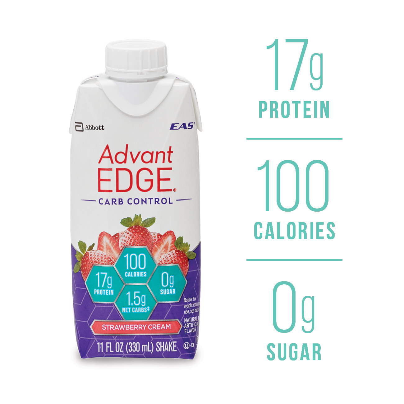 EAS AdvantEDGE Carb Control Protein Shake, Strawberry Cream, 17g Protein, 4 Ct - image 2 of 13