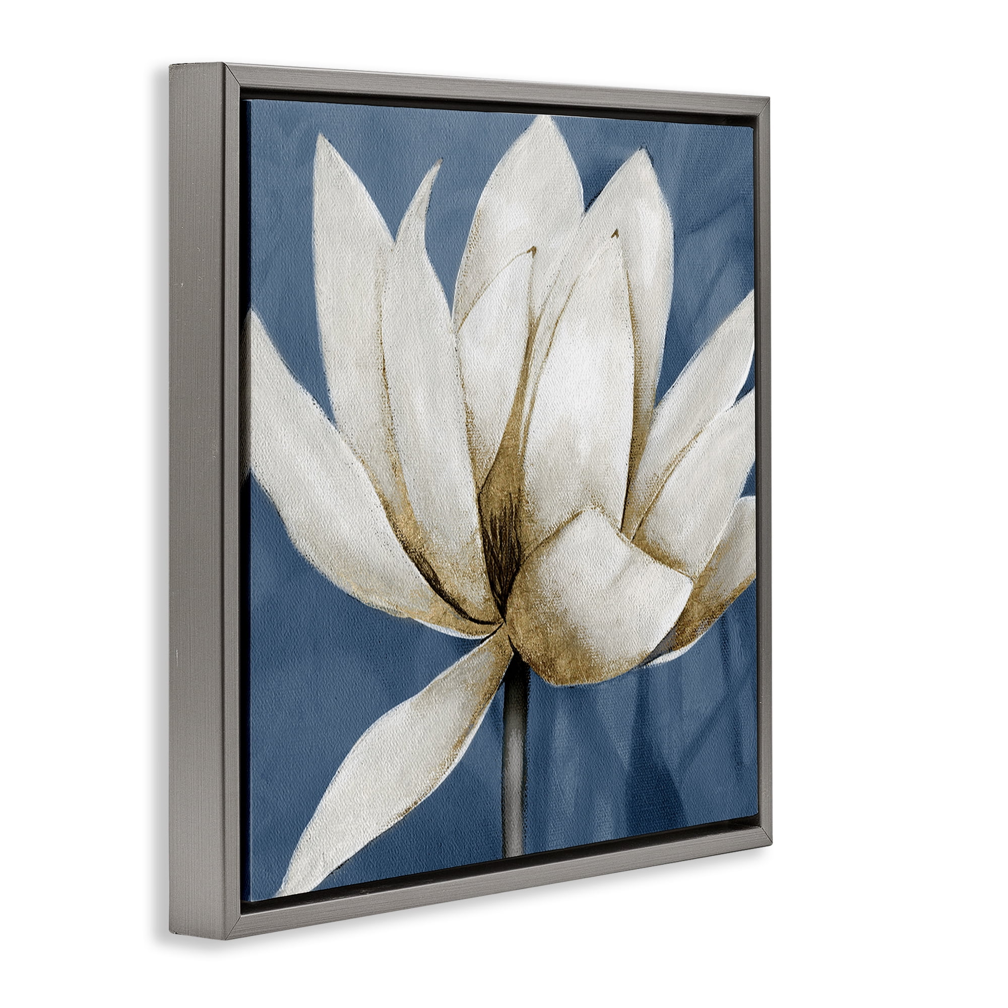Stupell Industries White Lotus Blooms Botanical & Floral Painting Gray Floater Framed Art Print Wall Art, 18 x 18