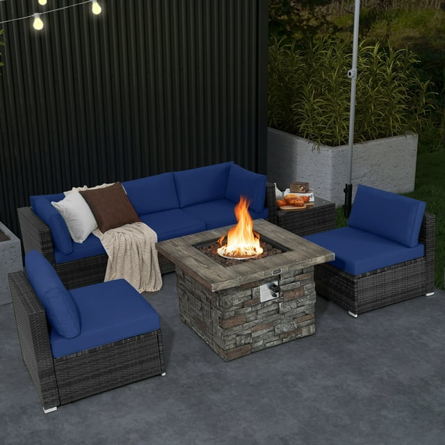 Costway 7 PCS Patio Furniture Set with 50,000 BTU Fire Pit Table Wicker Sofa Set with Cushions Navy