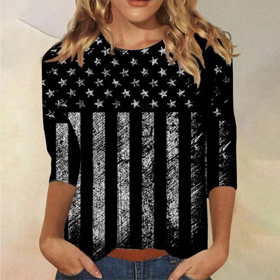 Sweet Home Farm 3/4 Sleeve T Shirts for Women Length Womens Tops 4th Of July Casual Crewneck USA Flag And Stripes Patriotic Patriotic Shirts Black