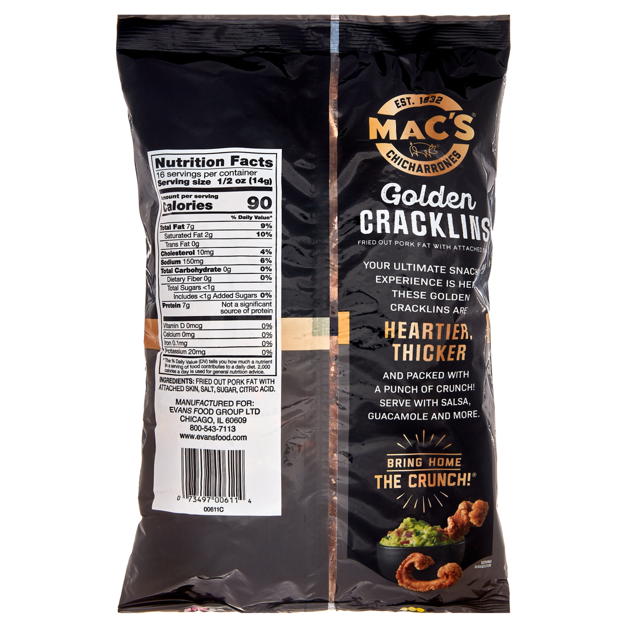 (8 pack) Mac's Chicharrones Golden Pork Cracklins, Fried Pork Fat with Skin, 8 oz Bag