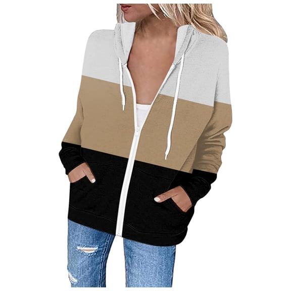 Admvng Women's Hoodie Jacket Zip Up Long Sleeve Kangaroo Pockets Striped Hooded Sweatshirt with Drawstring